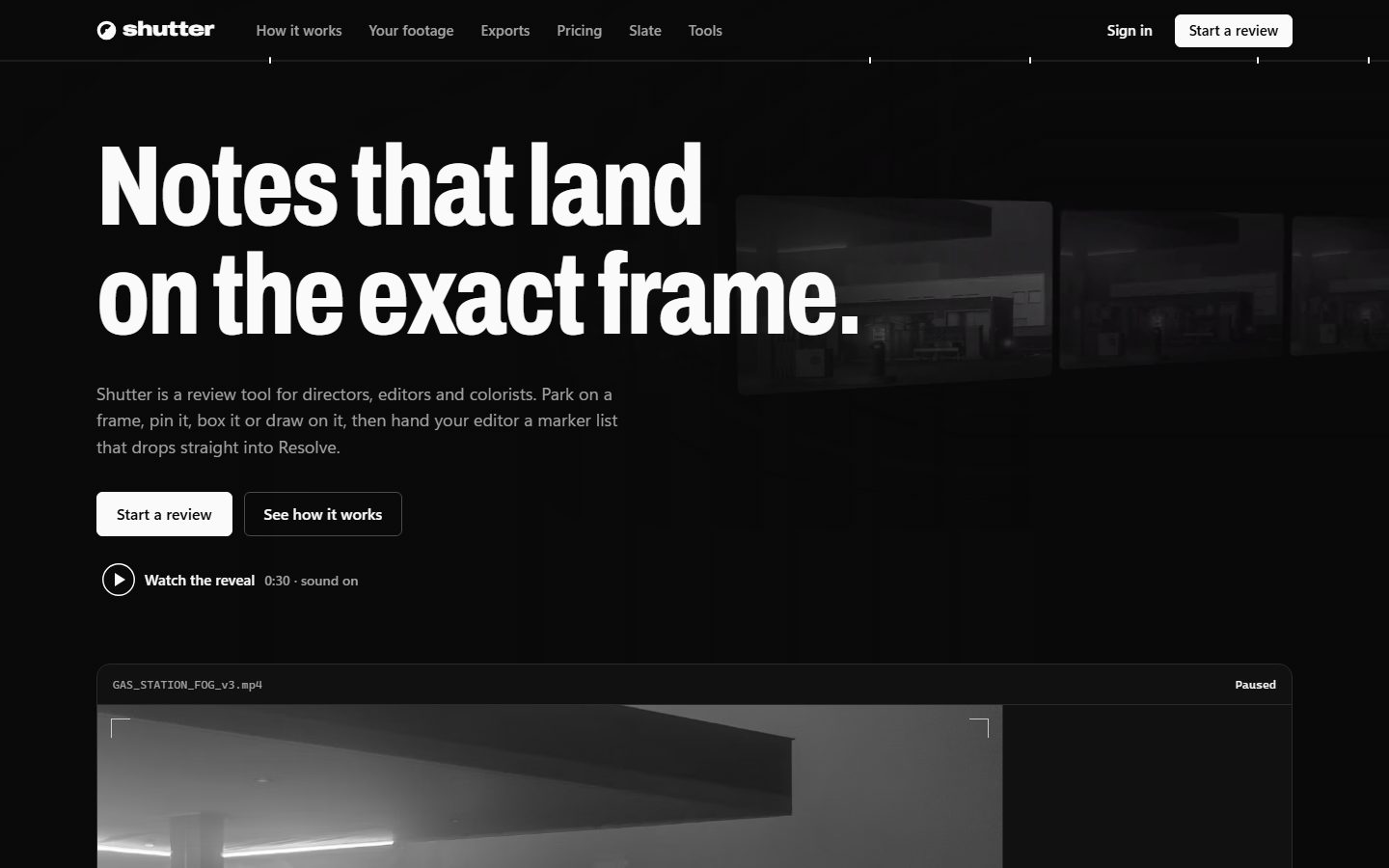 The shutter.ruytha.dev home page, headlined Notes that land on the exact frame, with Start a review and See how it works buttons.