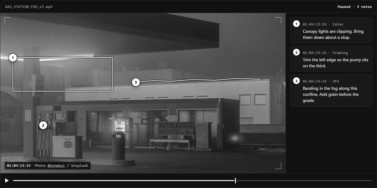 Shutter paused on a foggy gas station frame, with numbered marks on the image and three matching review notes.